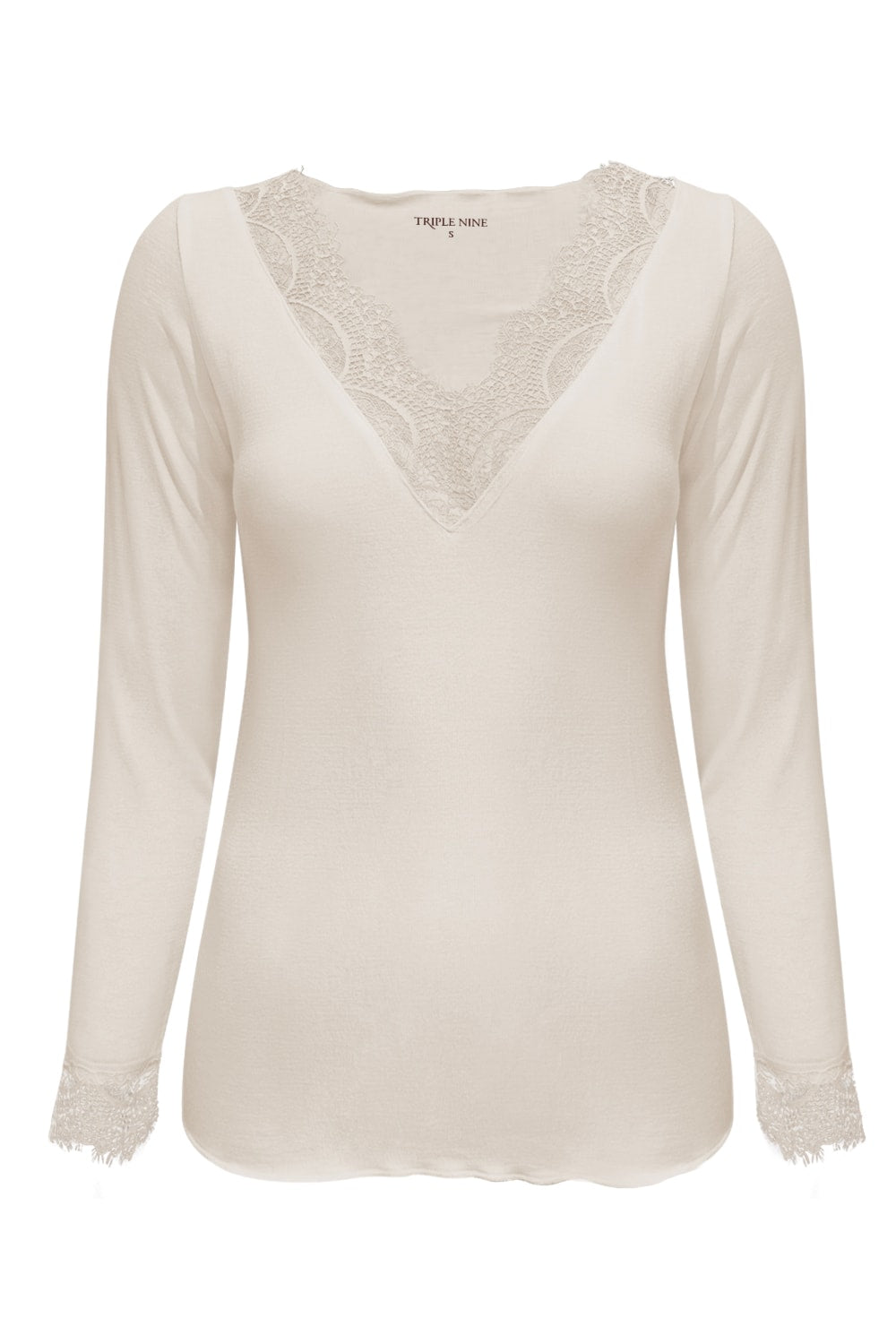 Triple Nine TR9003 Top Cashmere met Kanten V-hals Beige - voorkant